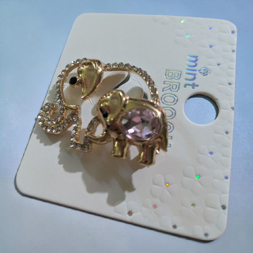 Gold Elephant Brooch Pink Crystal Rhinestone Animal Pin Cute Vintage Style - Picture 5 of 6